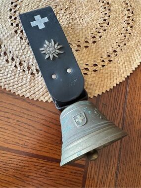 Vintage Swiss Brass Cow Bell Black Leather Strap Edelweiss Cross Switzerland